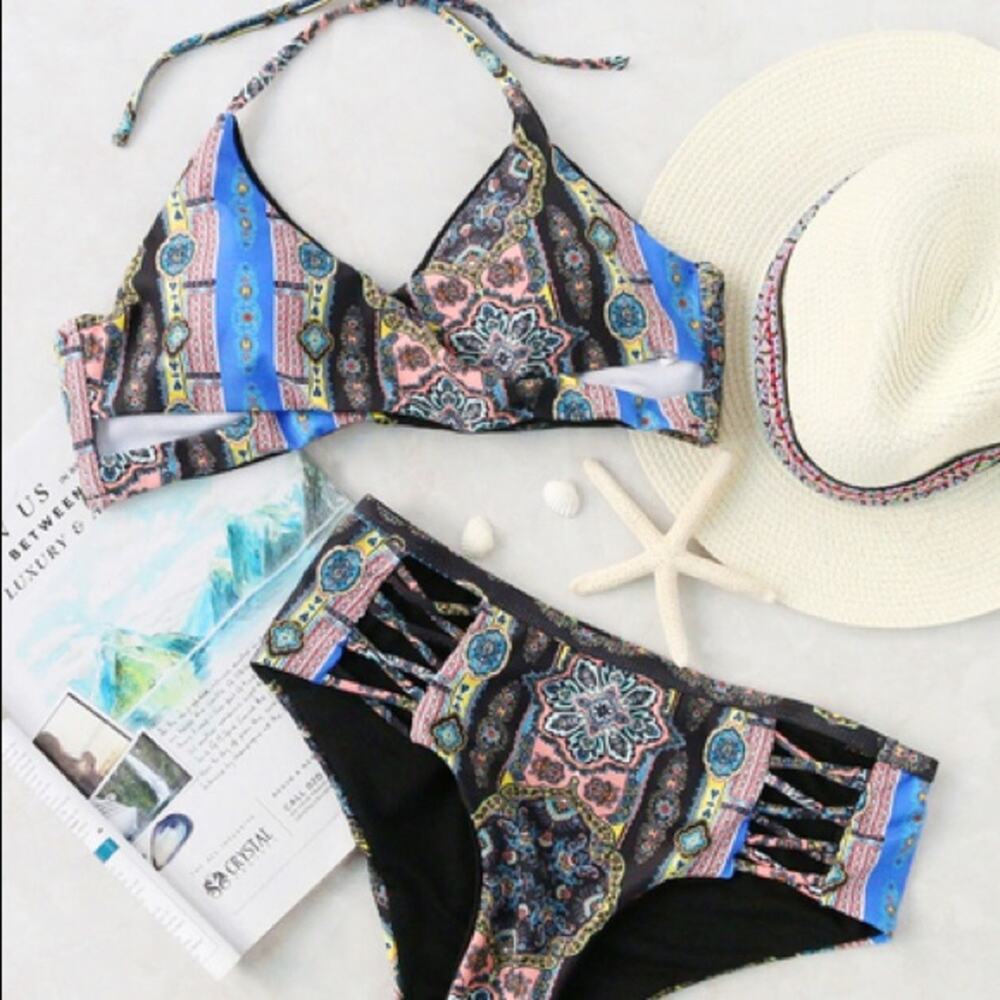 Tribal Print Criss Cross Bikini Cutout Two Piece Swimsuit Boho Beach